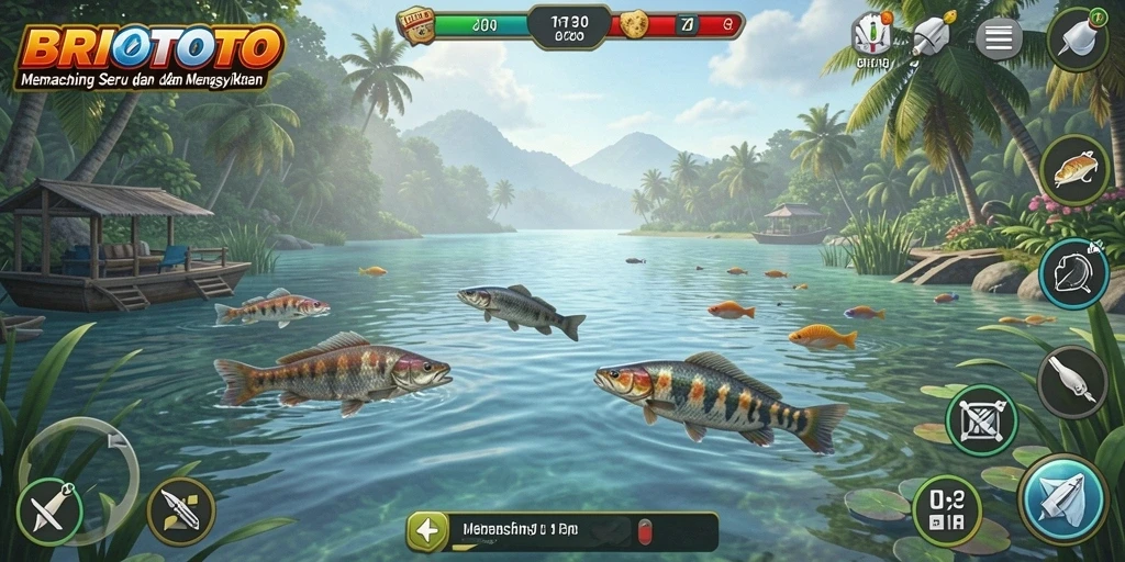 Screenshot gameplay BRIOTOTO menampilkan aksi memancing yang menarik.