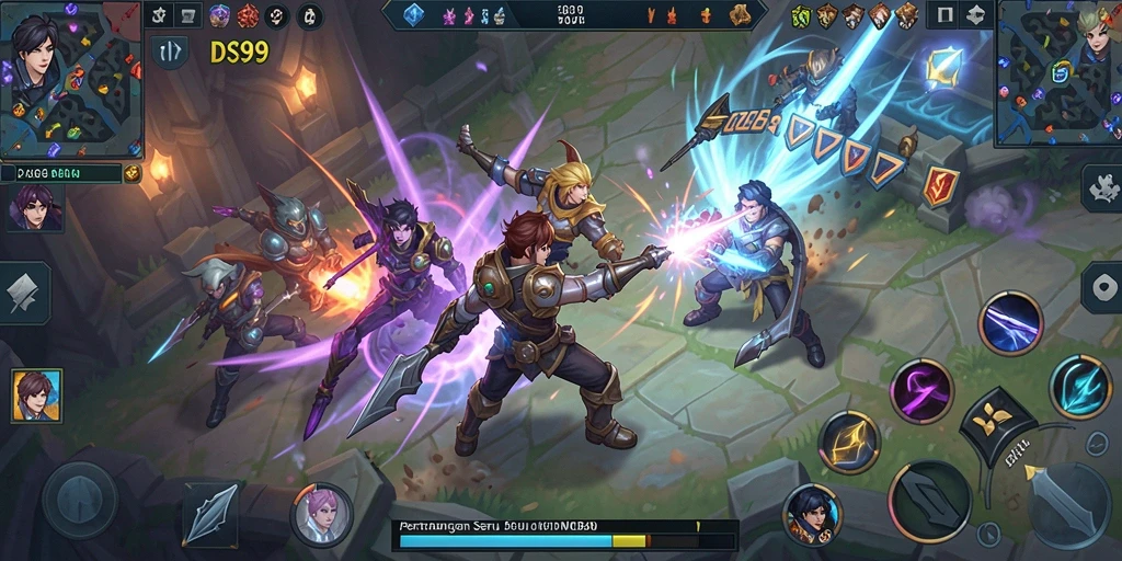 Tangkapan layar gameplay intens dari DS99 yang menunjukkan aksi MOBA yang seru.
