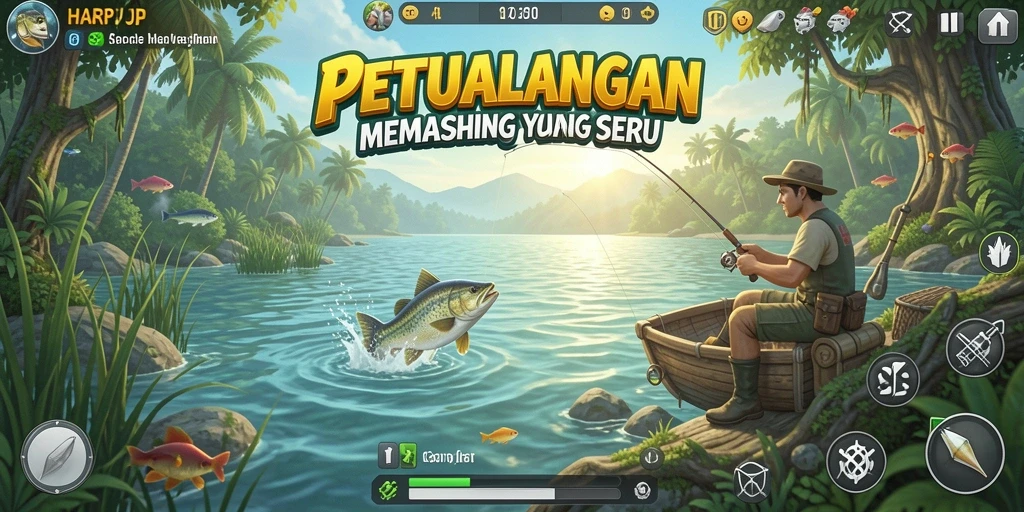Screenshot gameplay HARAPJP yang menunjukkan pengalaman memancing yang seru.