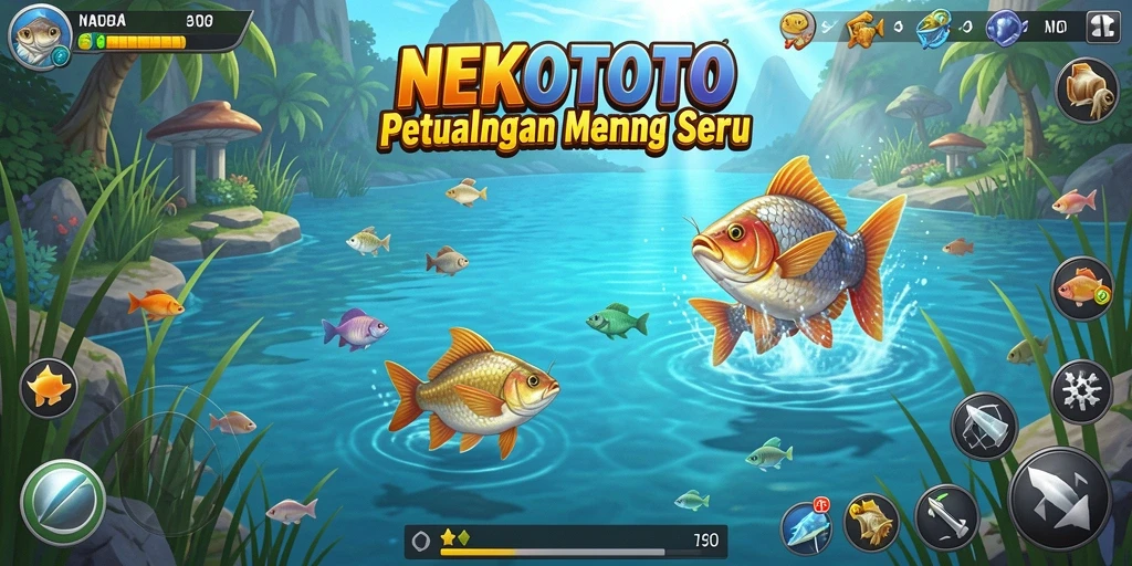 Screenshot gameplay NEKOTOTO dengan pemain menangkap ikan di laut.